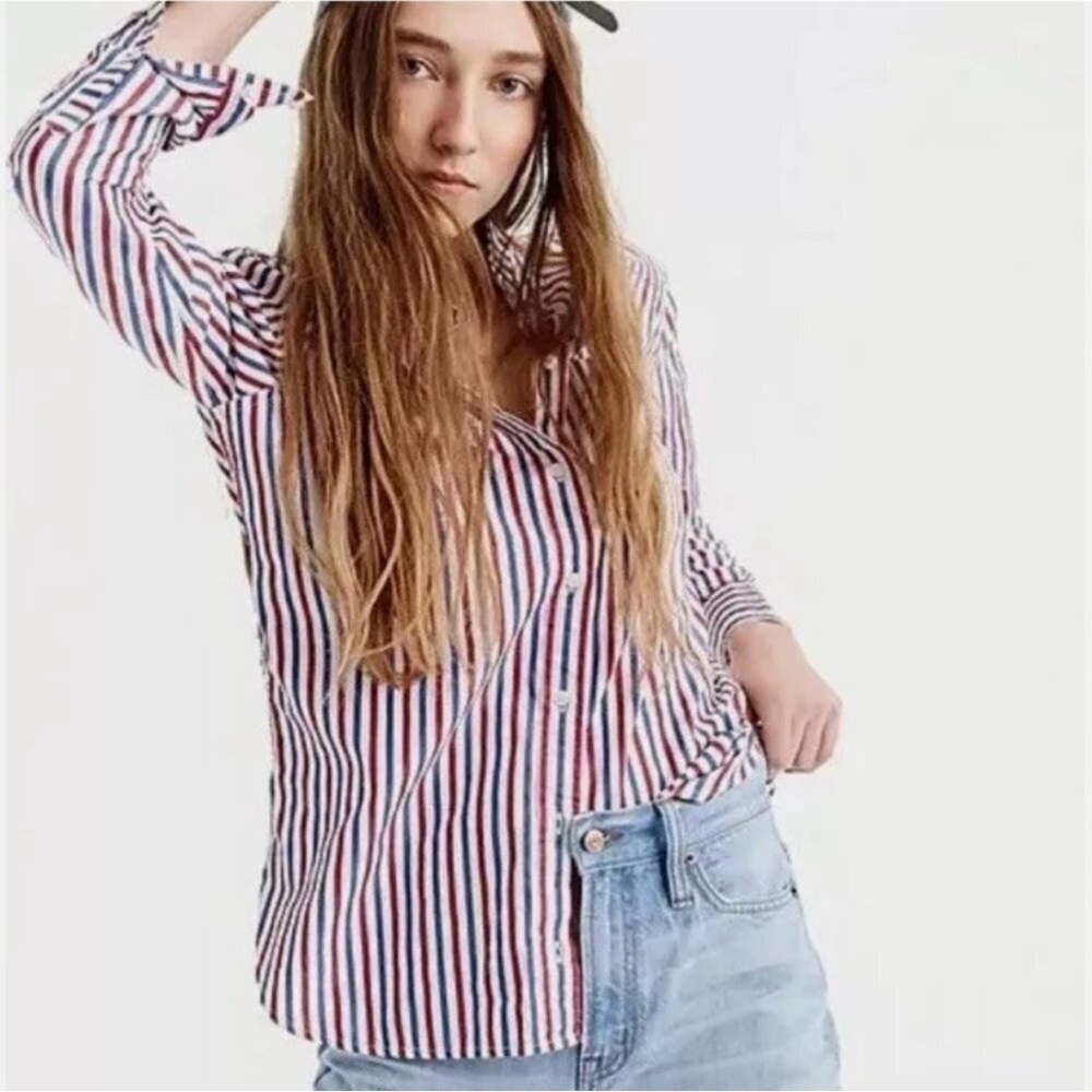 J. Crew Stripe Boy Button Up Down Front Shirt Blue Red Trifecta 10 Classic - Picture 2 of 15